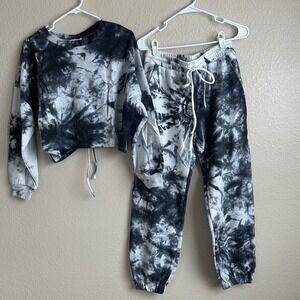 Storia Dip Tie Dye French Terry Sweatshirt & Joggers Set White/Black Size S NWT